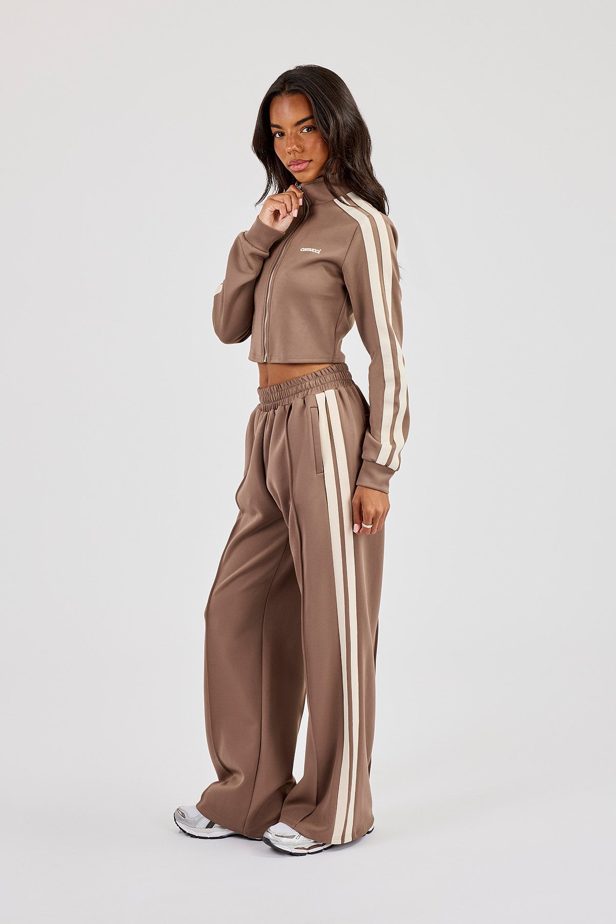 Fitted Taping Track Top & Wide Leg Track Pant - Taupe